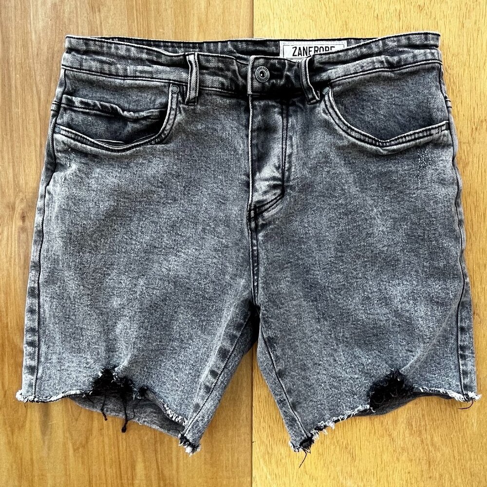 ZANEROBE JOE BLOW BUTTON FLY DENIM SHORTS Men’s sz 32 Gray Destructed
